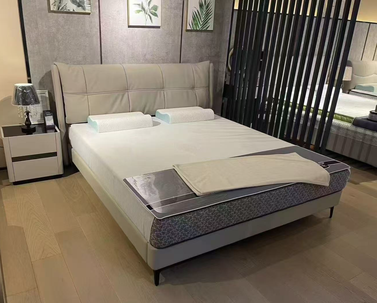 modern-beige-upholstered-bed-frame-showroom